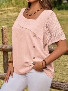 Rosumi Plus Size Women Pink Asymmetric Collar Short Sleeve Button Design Shirt,Summer Vacation - Pink - View 4