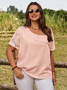 Rosumi Plus Size Women Pink Asymmetric Collar Short Sleeve Button Design Shirt,Summer Vacation - Pink - View 8