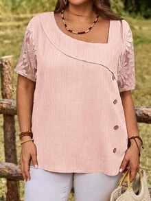 Rosumi Plus Size Women Pink Asymmetric Collar Short Sleeve Button Design Shirt,Summer Vacation - Pink - View 2