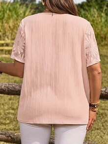 Rosumi Plus Size Women Pink Asymmetric Collar Short Sleeve Button Design Shirt,Summer Vacation - Pink - View 3