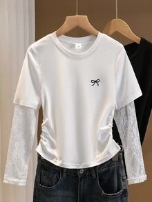 3件組 青少年女孩修身圓領長袖T恤，蝴蝶結圖案，休閒日常上衣，適合秋季 - 白色 - 查看 1