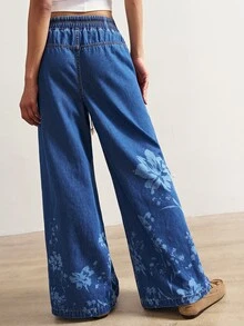 Bohemela Women's Printed Loose Elastic Waist Denim Long Pants - Blue - View 7