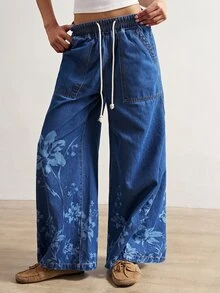 Bohemela Women's Printed Loose Elastic Waist Denim Long Pants - Blue - View 2