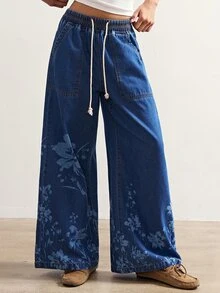 Bohemela Women's Printed Loose Elastic Waist Denim Long Pants - Blue - View 4
