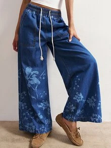 Bohemela Women's Printed Loose Elastic Waist Denim Long Pants - Blue - View 1