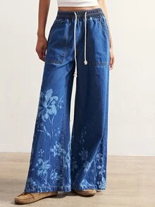 Bohemela Women's Printed Loose Elastic Waist Denim Long Pants - Blue - View 3
