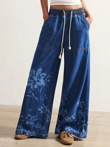 Bohemela Women's Printed Loose Elastic Waist Denim Long Pants - Blue - View 5