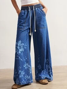 Bohemela Women's Printed Loose Elastic Waist Denim Long Pants - Blue - View 6