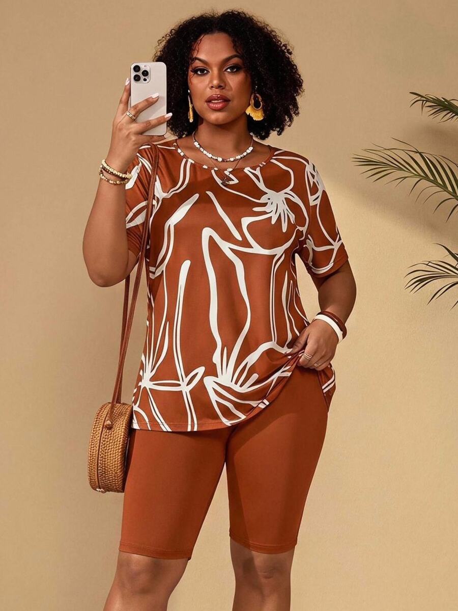BrightlyHer Plus Size Women Floral Print Short Sleeve Top And Shorts Casual 2 Pieces Set - Rust Brown - View 1