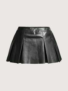 SHEIN X Antonella SHEIN ICON Solid PU Leather Pleated Skirt - Black - View 2