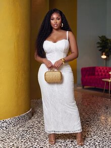 Slaydiva Plus Bustier Lace Cami Dress - White - View 7