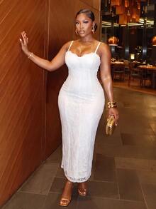 Slaydiva Plus Bustier Lace Cami Dress - White - View 8