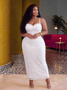 Slaydiva Plus Bustier Lace Cami Dress - White - View 4