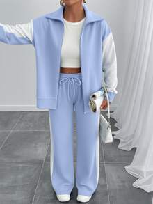 SHEIN Tall Size Women Contrast Color High Neck Zipper Detailed Sweatshirt And Sweatpant - Baby Blue - View 8