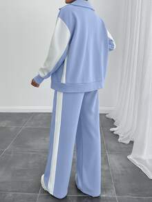 SHEIN Tall Size Women Contrast Color High Neck Zipper Detailed Sweatshirt And Sweatpant - Baby Blue - View 3