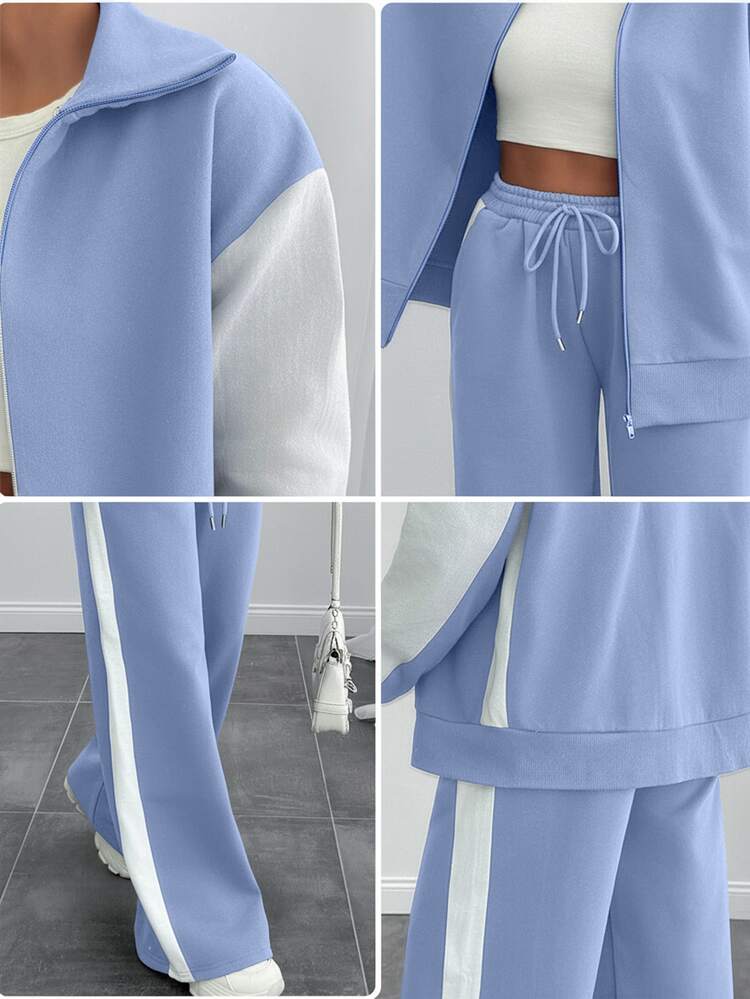 SHEIN Tall Size Women Contrast Color High Neck Zipper Detailed Sweatshirt And Sweatpant - Baby Blue - View 10