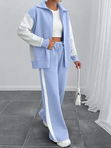 SHEIN Tall Size Women Contrast Color High Neck Zipper Detailed Sweatshirt And Sweatpant - Baby Blue - View 5
