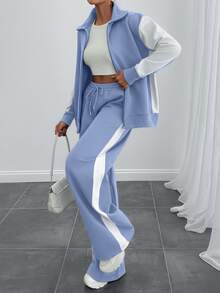 SHEIN Tall Size Women Contrast Color High Neck Zipper Detailed Sweatshirt And Sweatpant - Baby Blue - View 7