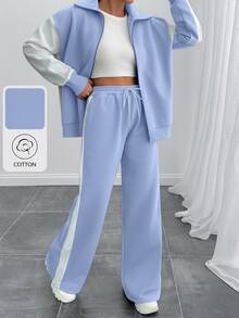 SHEIN Tall Size Women Contrast Color High Neck Zipper Detailed Sweatshirt And Sweatpant - Baby Blue - View 4