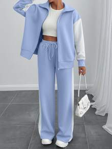 SHEIN Tall Size Women Contrast Color High Neck Zipper Detailed Sweatshirt And Sweatpant - Baby Blue - View 6