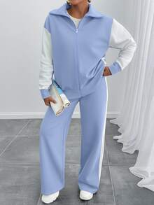 SHEIN Tall Size Women Contrast Color High Neck Zipper Detailed Sweatshirt And Sweatpant - Baby Blue - View 10