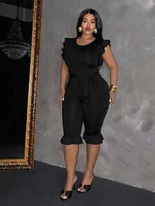 Slaydiva Jumpsuit cổ tròn tay bèo gợi cảm size lớn - màu đen - Xem 7
