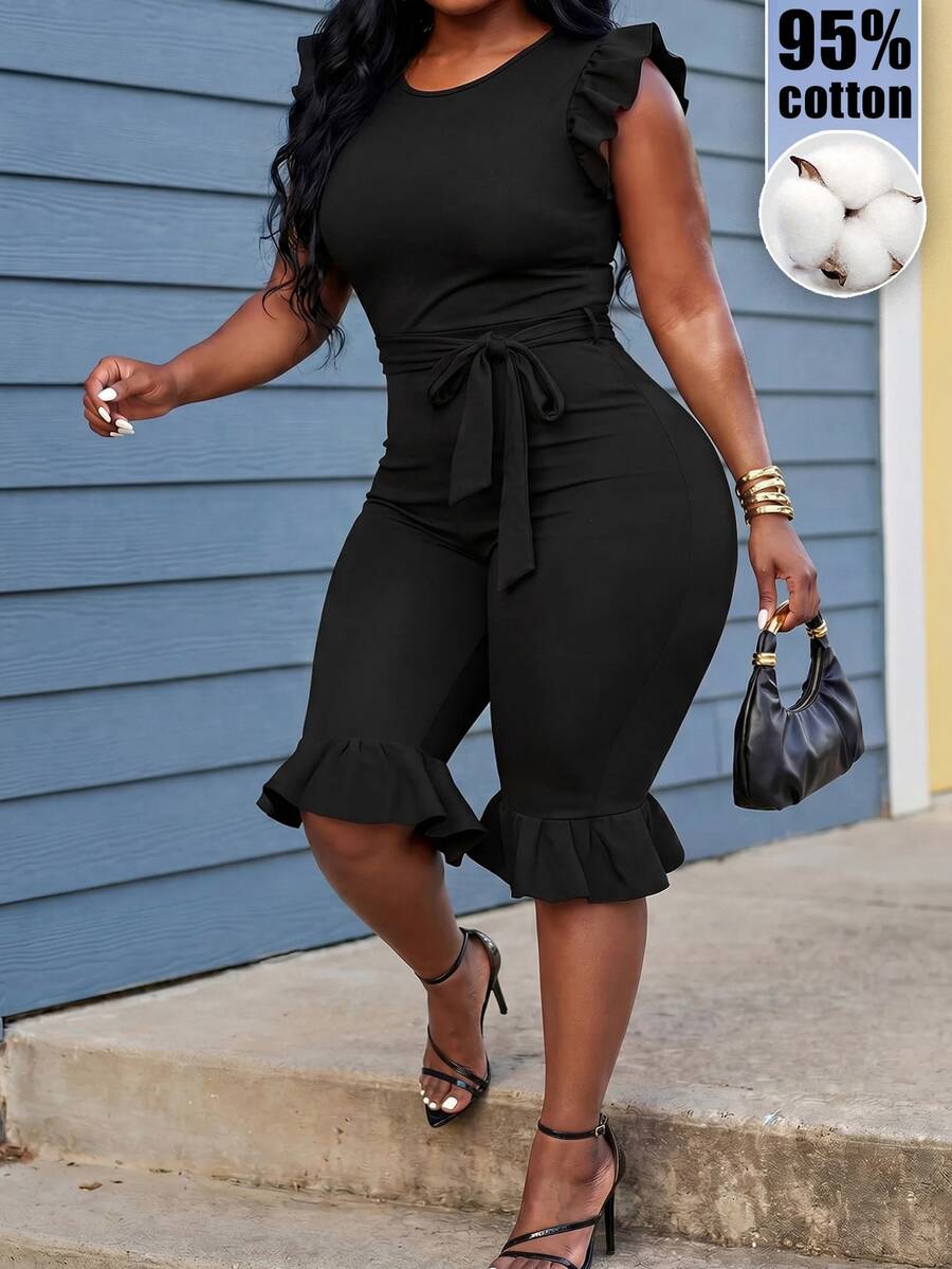 Slaydiva Jumpsuit cổ tròn tay bèo gợi cảm size lớn - màu đen - Xem 1
