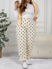 SHEIN CURVE+ 大尺碼女款波點口袋休閒牛仔褲 1960s 1920s 90s 復古風 日常穿著 派對 婚禮賓客 早午餐 生日 牛仔女郎 白色 秋季 - 杏色 - 查看 10