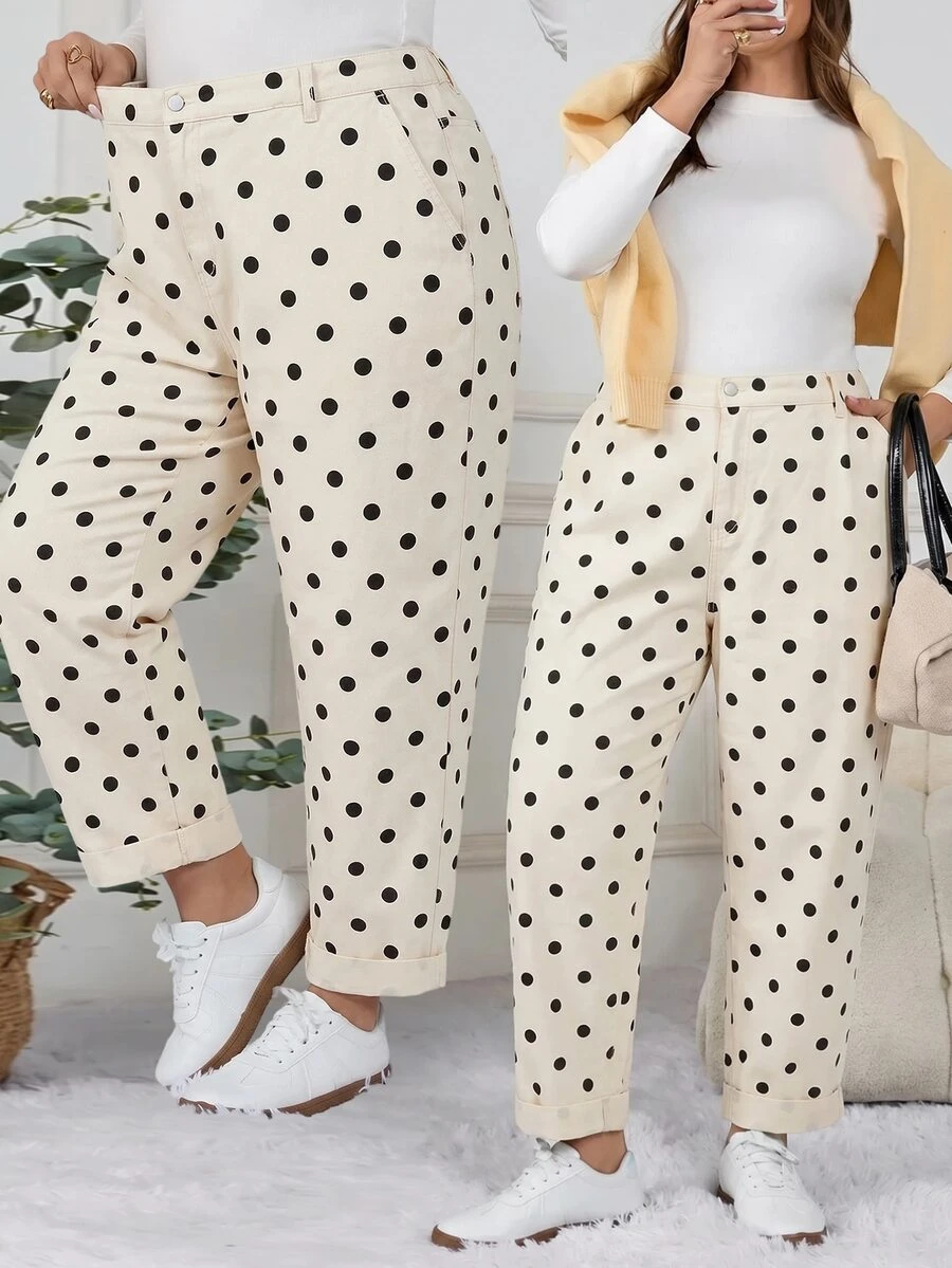 SHEIN CURVE+ 大尺碼女款波點口袋休閒牛仔褲 1960s 1920s 90s 復古風 日常穿著 派對 婚禮賓客 早午餐 生日 牛仔女郎 白色 秋季 - 杏色 - 查看 1