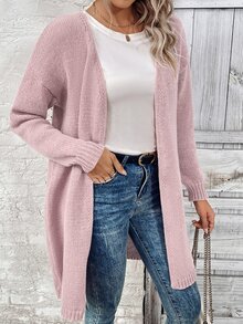 SHEIN 女式纯色落肩长袖长款休闲开衫，秋冬季 - 藕粉色 - 查看 5