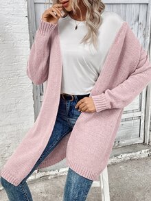 SHEIN 女式纯色落肩长袖长款休闲开衫，秋冬季 - 藕粉色 - 查看 4