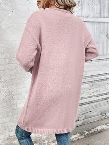 SHEIN 女式纯色落肩长袖长款休闲开衫，秋冬季 - 藕粉色 - 查看 2