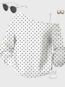 Girls' White Asymmetric Shoulder Strap Long Sleeve T-Shirt, Autumn Casual Holiday Winter Top Party - Multicolor - View 3