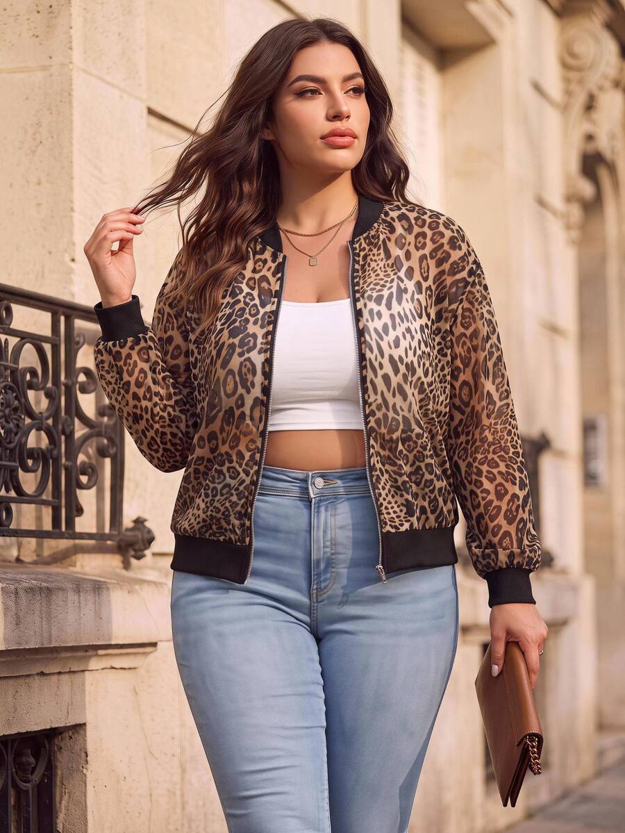 Juhart Women's Plus-Size Loose-Fit Sheer Chiffon Sun-Protection Jacket – Classic Leopard Print, Crew Neck, Zip-Front, Long-Sleeve, Versatile Style Fall - Black - View 1