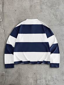 FRESIVO Men's Digital Print Number Loose Knit Long Sleeve Polo Shirt - Blue and White - View 3