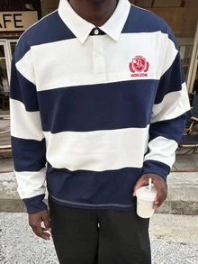 FRESIVO Men's Digital Print Number Loose Knit Long Sleeve Polo Shirt - Blue and White - View 4
