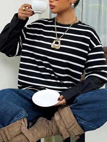 Muchica Plus Size Women's Striped Round Neck Drop Shoulder Long Sleeve Casual T-Shirt Fall - Black - View 3