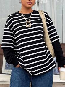 Muchica Plus Size Women's Striped Round Neck Drop Shoulder Long Sleeve Casual T-Shirt Fall - Black - View 4