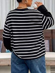 Muchica Plus Size Women's Striped Round Neck Drop Shoulder Long Sleeve Casual T-Shirt Fall - Black - View 2