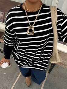 Muchica Plus Size Women's Striped Round Neck Drop Shoulder Long Sleeve Casual T-Shirt Fall - Black - View 6