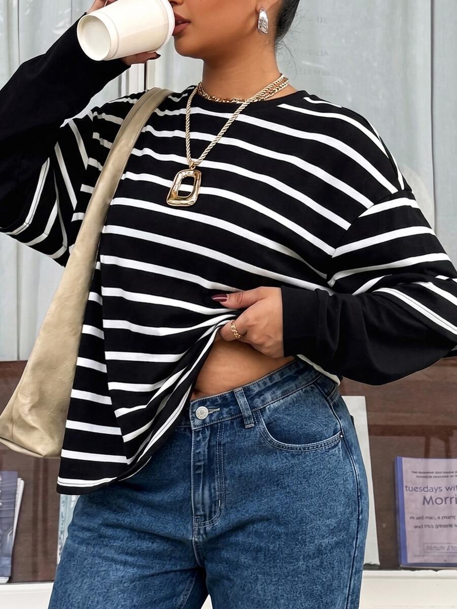 Muchica Plus Size Women's Striped Round Neck Drop Shoulder Long Sleeve Casual T-Shirt Fall - Black - View 1