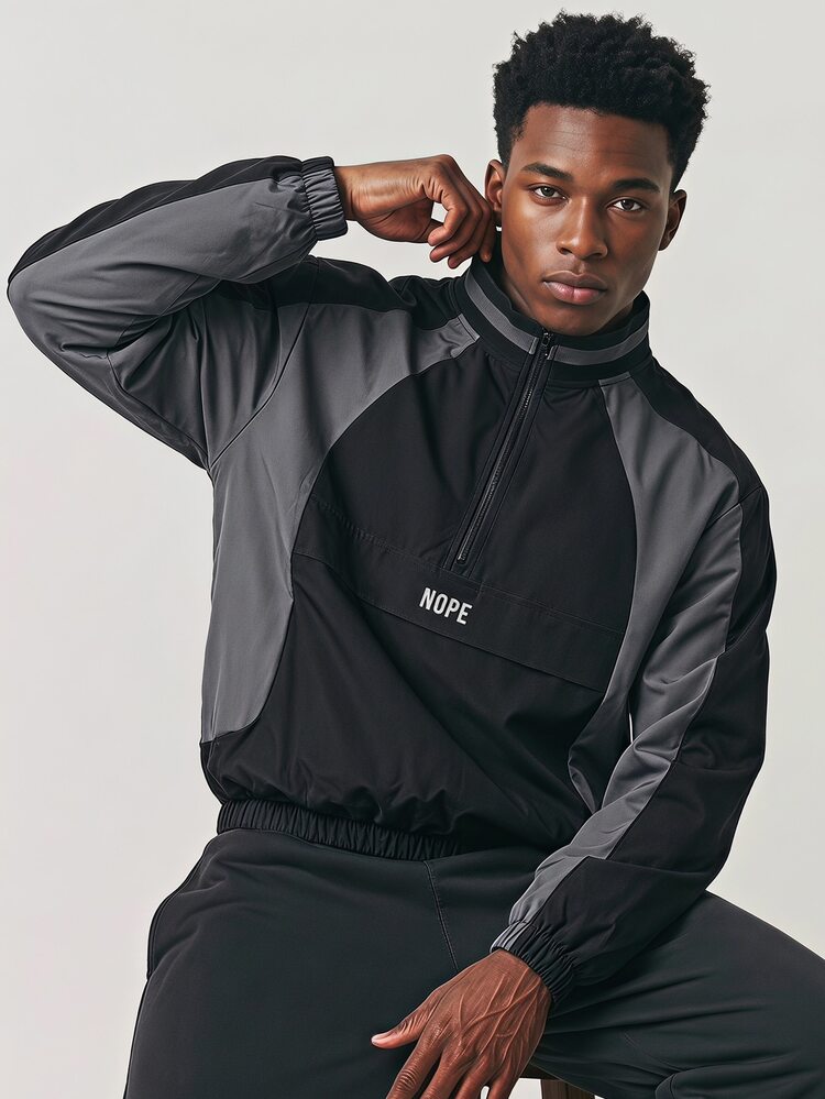 FRESIVO Men's Letter Pattern Contrast Color Long Sleeve Zip-Up Half-Placket Casual Jacket - Black - View 1