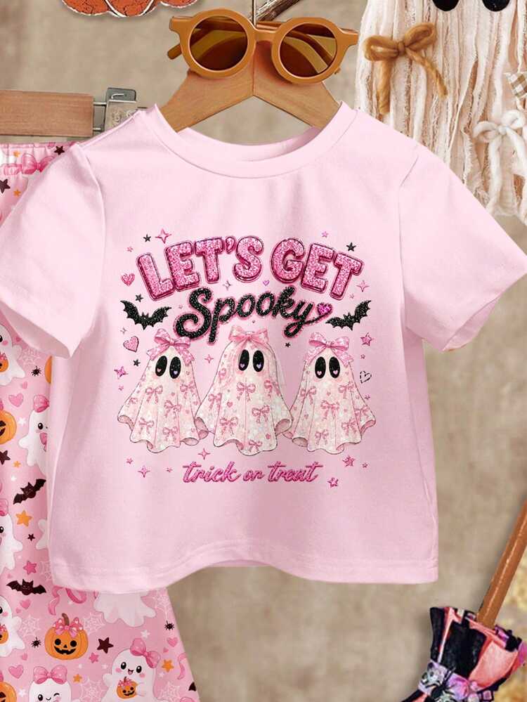 Cute Pink Halloween Atmosphere Girl Glitter Bow Ghost Pattern, Summerween, Little Miss Bootiful, Trick Or Treat! Baby Girl Casual Minimalist Round Neck Short Sleeve T-Shirt & Flare Pants Autumn 2-Piece Set, Waiting For Halloween! New Season New Arrival! - Multicolor - View 3