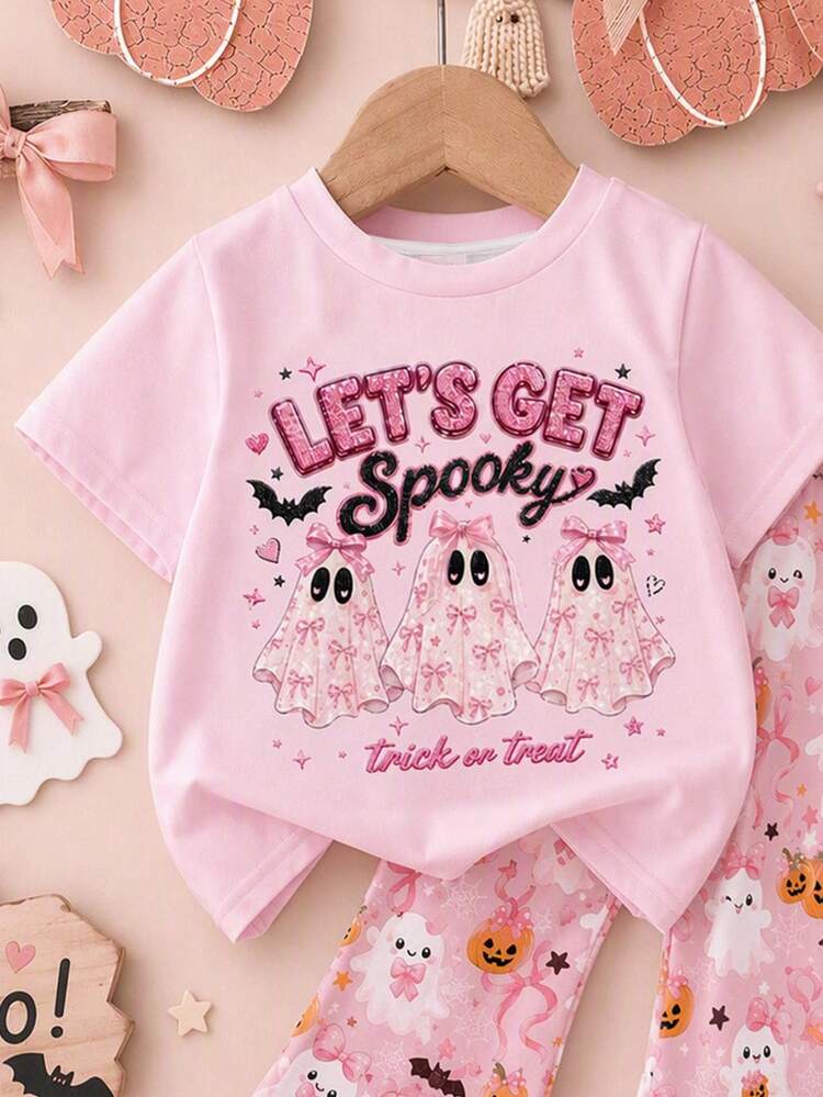 Cute Pink Halloween Atmosphere Girl Glitter Bow Ghost Pattern, Summerween, Little Miss Bootiful, Trick Or Treat! Baby Girl Casual Minimalist Round Neck Short Sleeve T-Shirt & Flare Pants Autumn 2-Piece Set, Waiting For Halloween! New Season New Arrival! - Multicolor - View 7