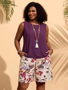 BrightlyHer Plus Size Women's Vacation Solid Color Round Neck Tank Top And Tropical Plant Print Shorts Casual 2-Piece Set Formal Vacation Purple White Summer - Red Violet - View 1