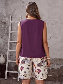 BrightlyHer Plus Size Women's Vacation Solid Color Round Neck Tank Top And Tropical Plant Print Shorts Casual 2-Piece Set Formal Vacation Purple White Summer - Red Violet - View 3