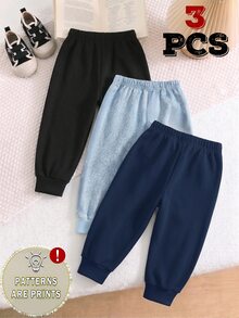 3件裝小男孩慢跑長褲 嬰兒藍與嬰兒粉熊圖案條紋印花 寬鬆版型鬆緊腰 運動校園冬季風格休閒褲 - 黑色 - 查看 2