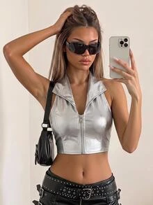 SHEIN X YERIMUA SHEIN ICON Women'S Slim Fit Zipper Front Collar Sleeveless Halter Top - Silver - View 3
