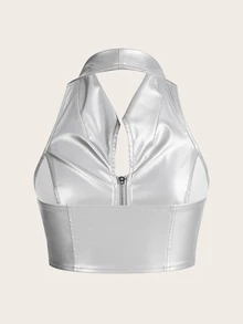 SHEIN X YERIMUA SHEIN ICON Women'S Slim Fit Zipper Front Collar Sleeveless Halter Top - Silver - View 2
