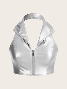 SHEIN X YERIMUA SHEIN ICON Women'S Slim Fit Zipper Front Collar Sleeveless Halter Top - Silver - View 1